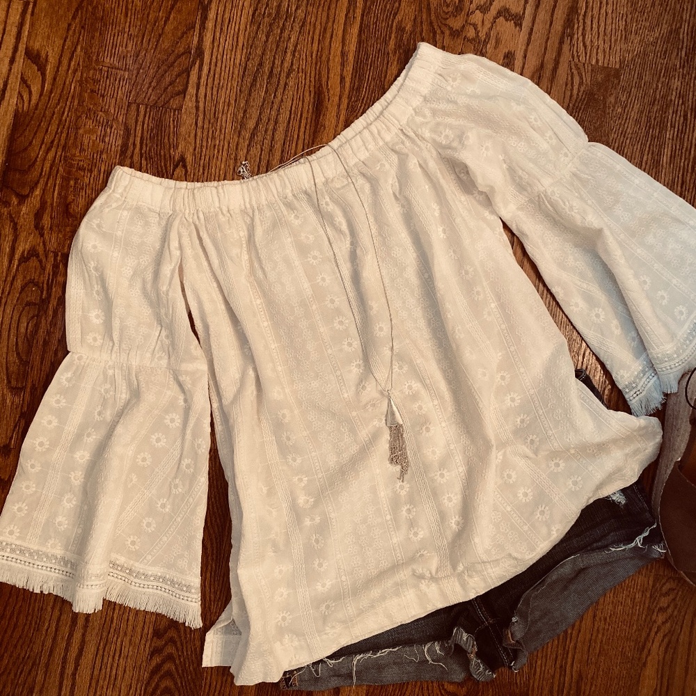 LOFT bell sleeve off-the-shoulder eyelet top